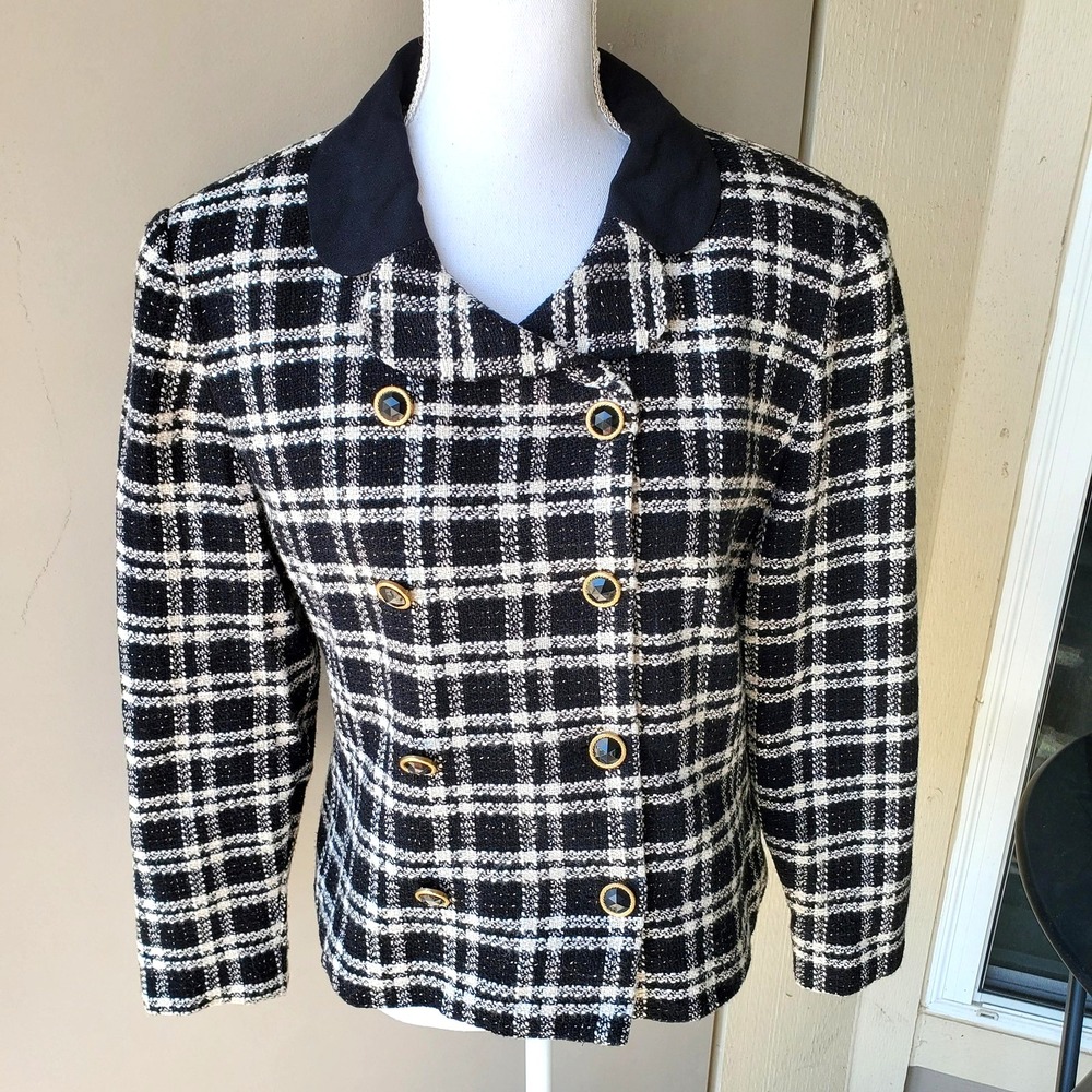 Talbots Jacket‎ Womens 10 Plaid Wool Blend Double Breasted Gold Buttons Blazer
